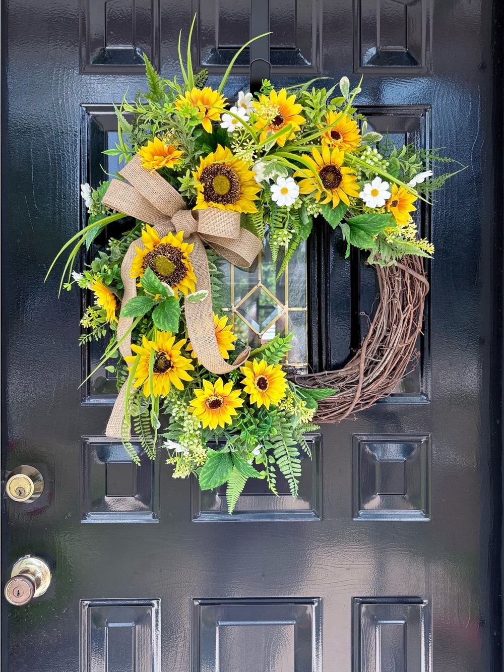 Bright Yellow Sunflower Wreath with Greenery and Burlap Bow